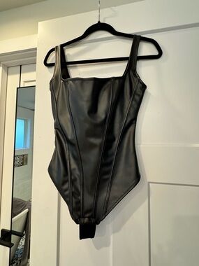Black Faux Leather Corset-Style Bodysuit